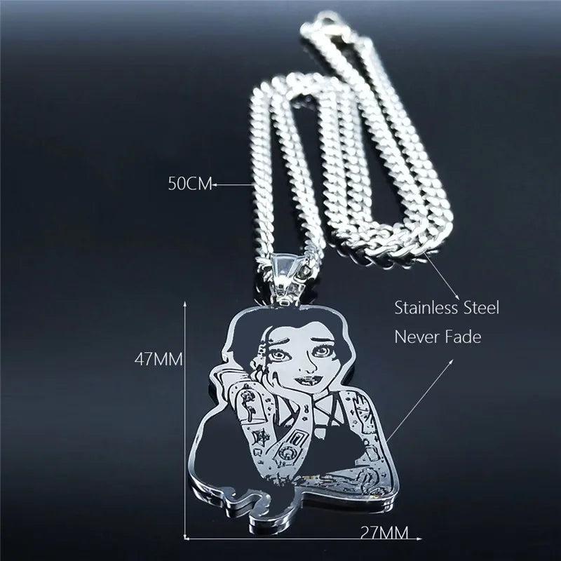 Dark Tattoo Princess Necklace – Black Stainless Steel Pendant Jewelry for Women & Men