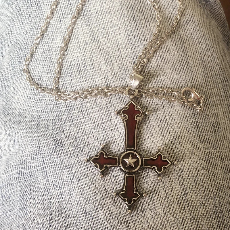 Red Bloody Inverted Cross Pendant Necklace - Vintage Gothic Cross Pendant Satanic Cross Jewelry