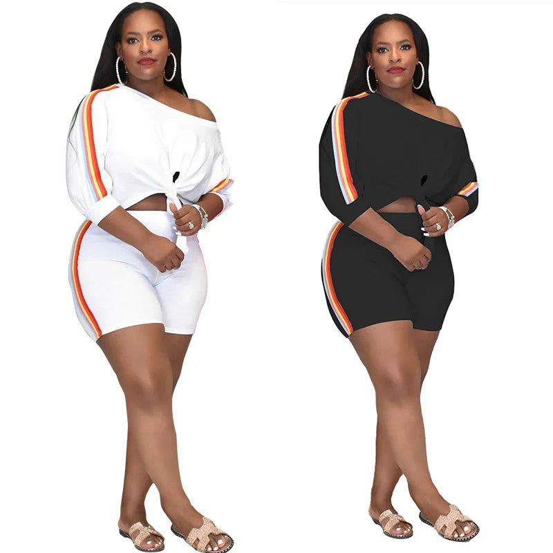 Women's Plus Size Round Neck Rainbow Stripes Tracksuit - Sexy Sportswear Shorts Set