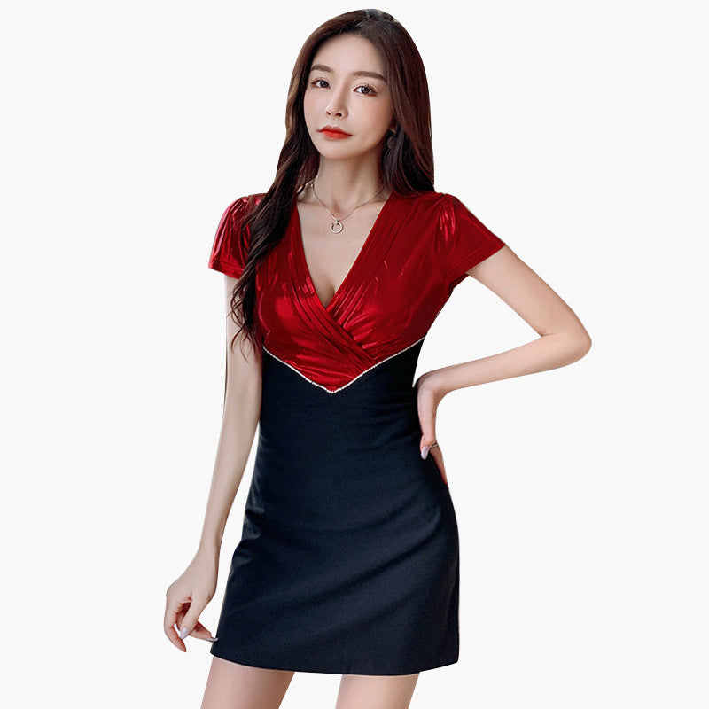 Slim Fit Slimming Sparkly V-Neck Low Cut Dress