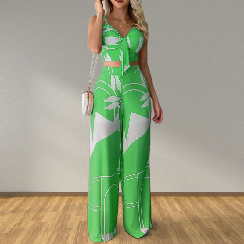 Women's Neon Print Sweetheart Tank Tie Front Crop Top And Wide-leg Flowy Pants Two Piece Outfit Set