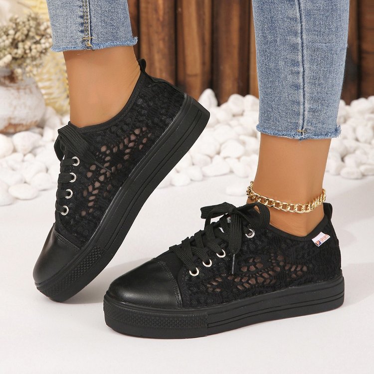 Hollow Mesh Flat Breathable Lace Up Tennis Shoes