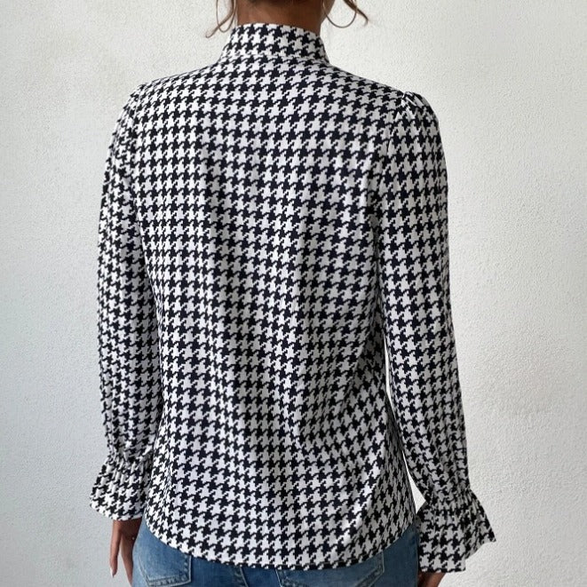 Houndstooth Print V-neck Long Sleeve Women's Blouse