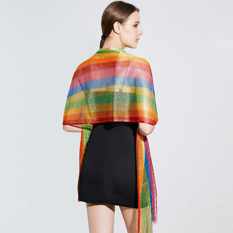 Rainbow Striped Long Beard Sunscreen Shawl Scarf