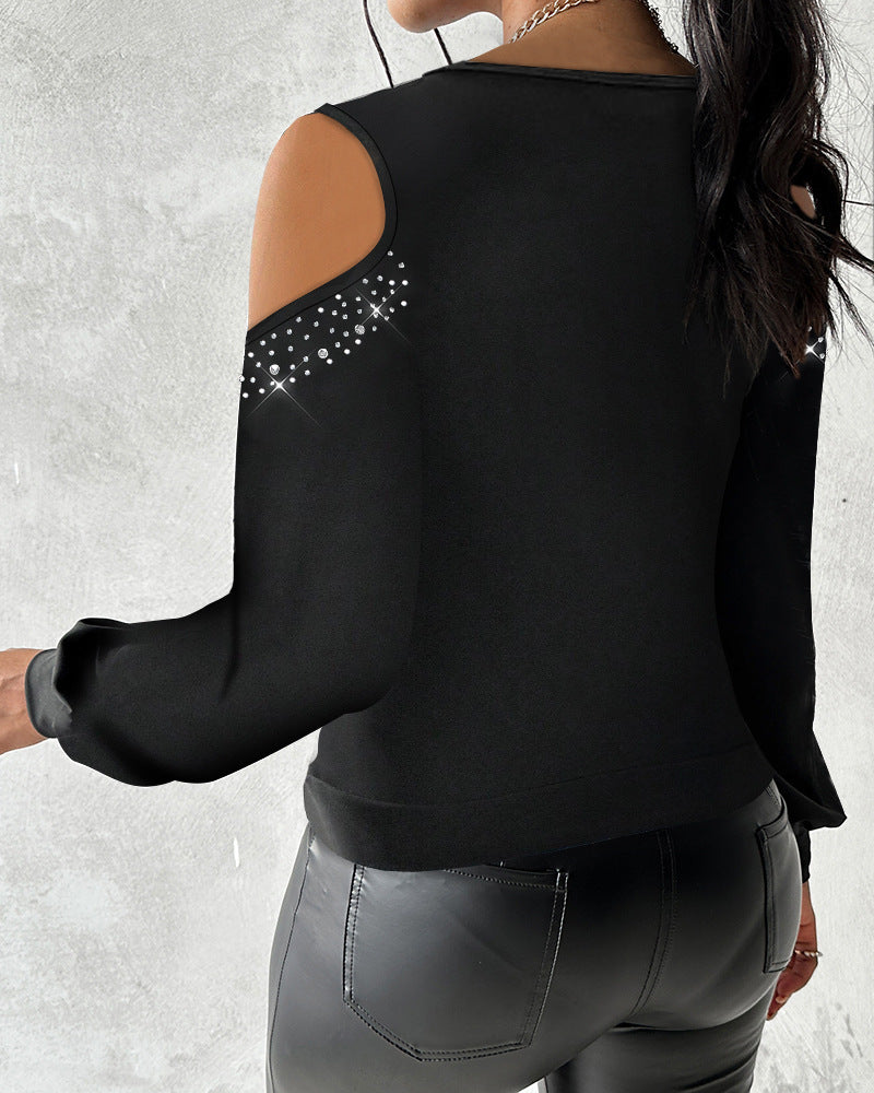 Rhinestone Studded Cowl V Neck Off-the-shoulder Long Sleeve Top