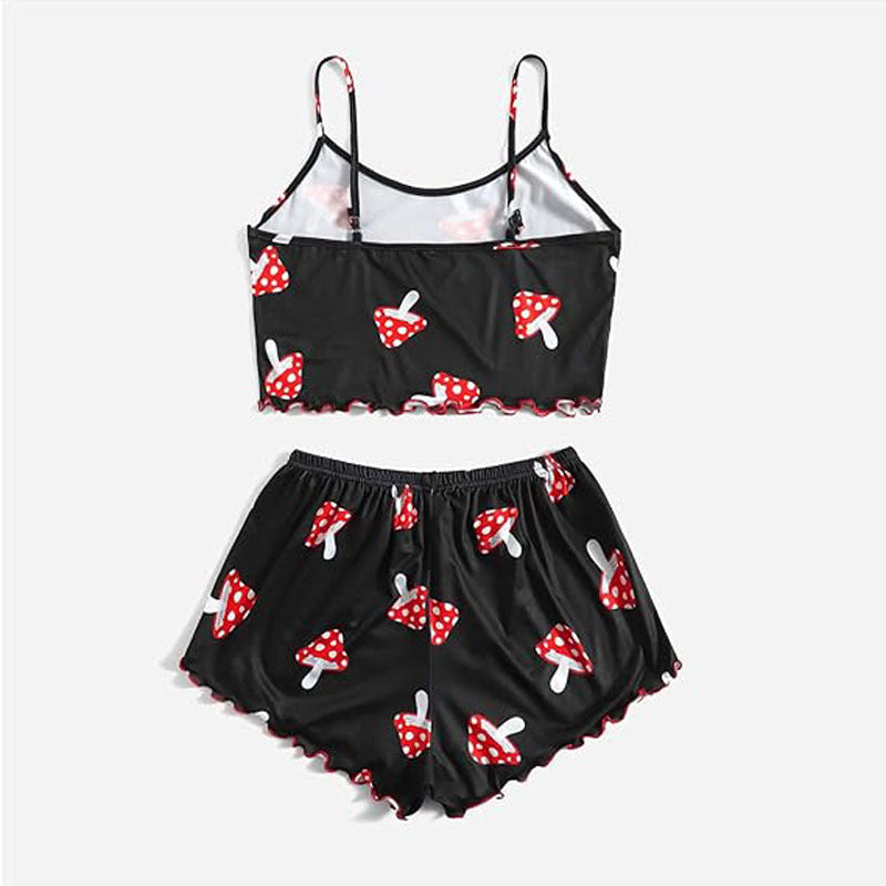 Mushroom Printed Crop Top and Shorts Two Piece Casual Loungewear Set