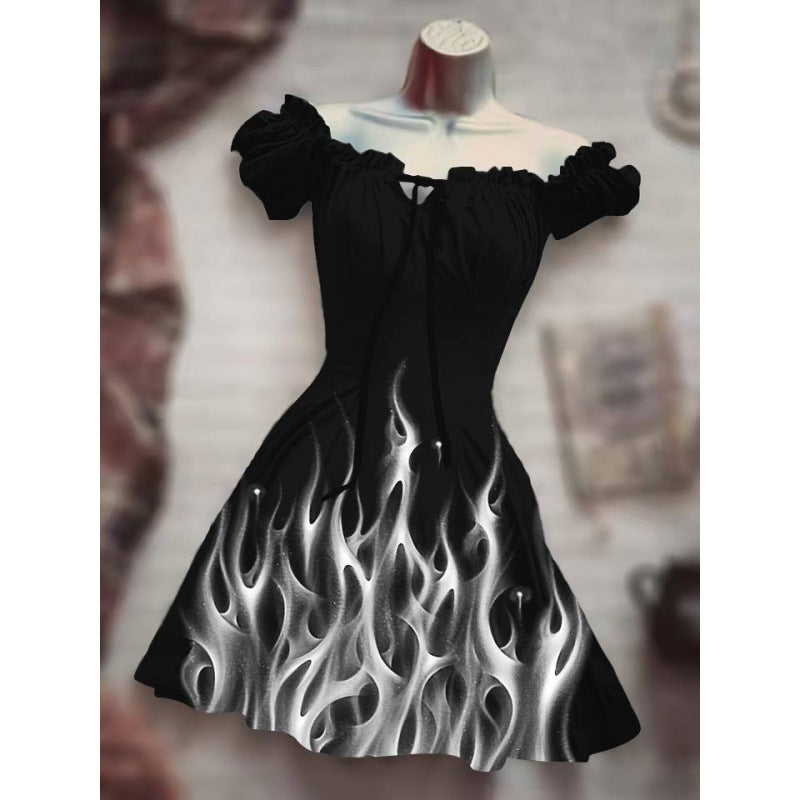 Women's Fashion  Halloween Drawstring Puff Sleeve High Waist Dress