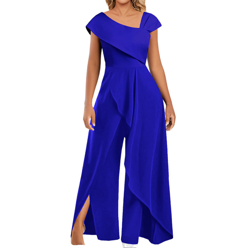 Simple Temperament Diagonal Collar Jumpsuit