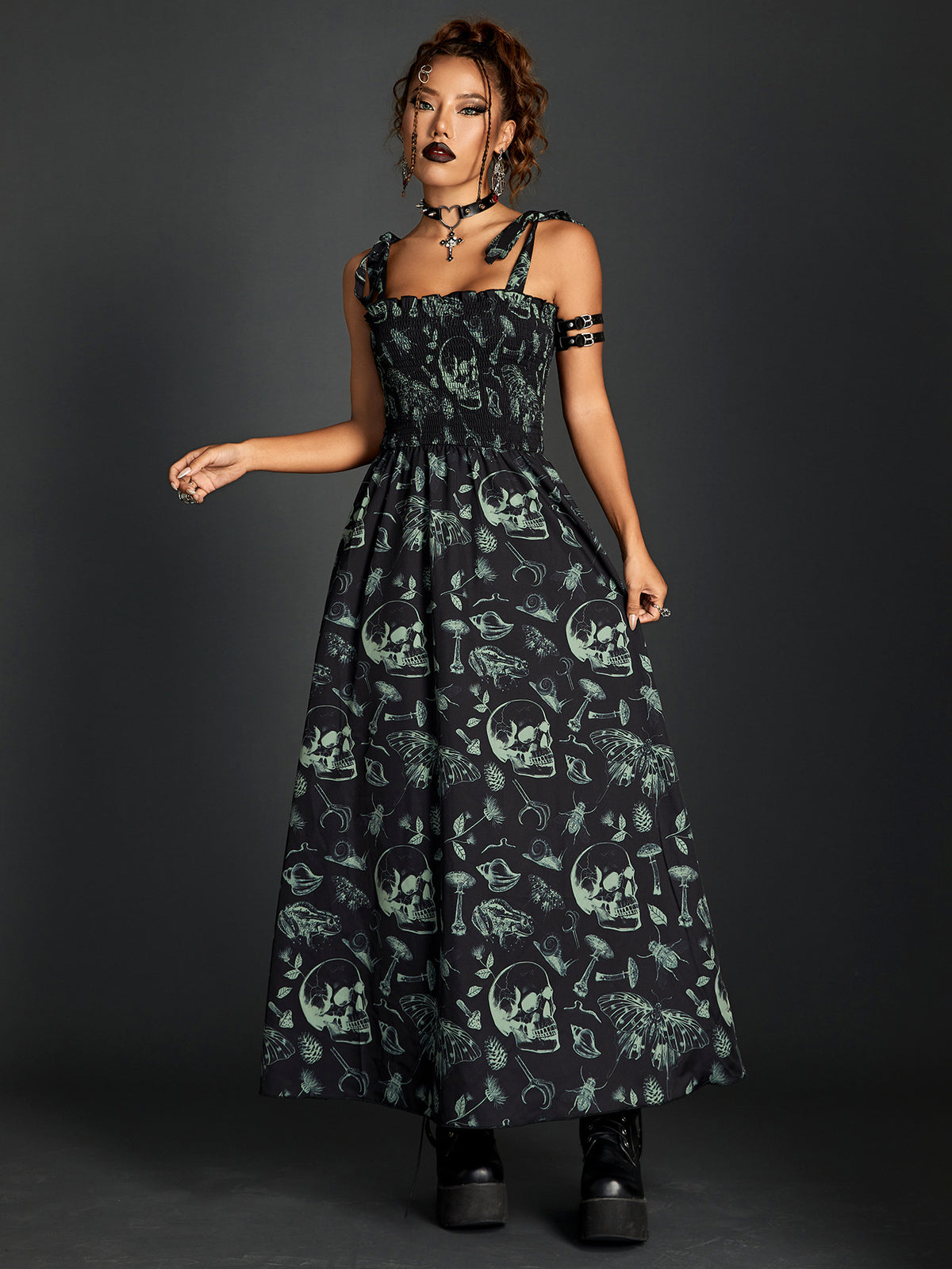 Witchcraft Skulls n Shrooms Boho Goth Tied Strap Rouched Maxi Dress