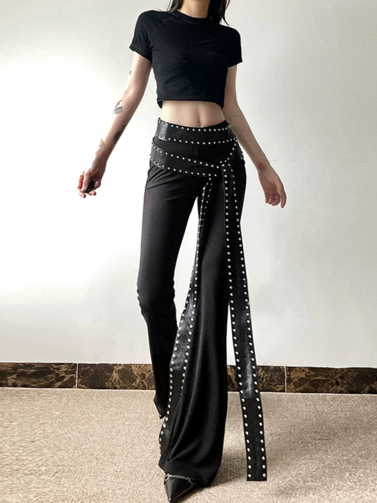 Cool Sexy Fried Street Tight Bell-Bottom Pants: Personality Asymmetric Rivet Black Casual Trousers by Sylcue High Street Fashion