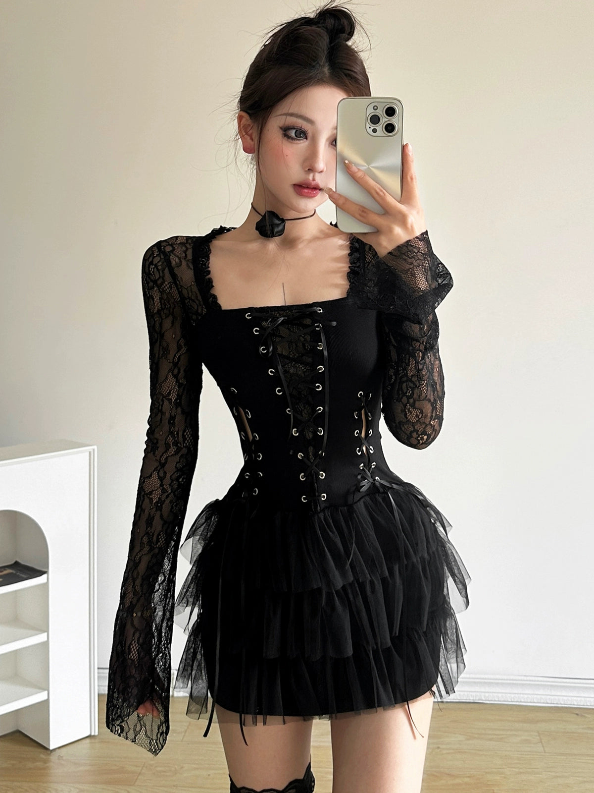 Kliou Dark Series Lace Up Retro Long Sleeve Gothic Lace Dress