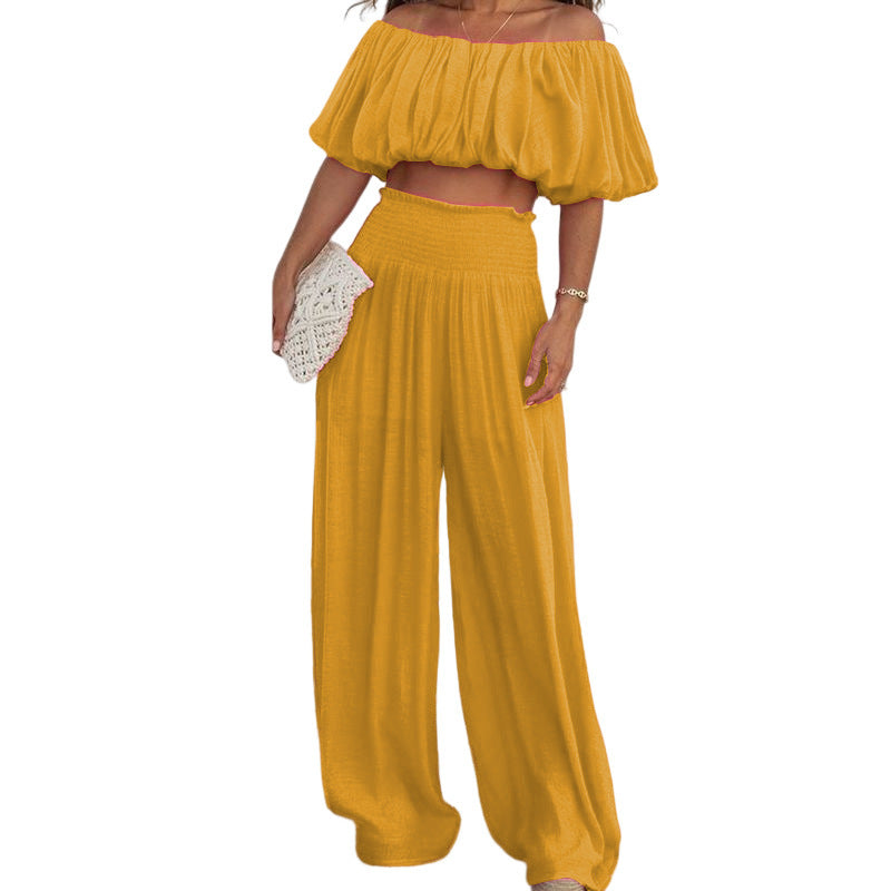 Women's Bright Balloon Style Off The Shoulder Crop Top And Wide-leg Pants Two-piece Outfit Set