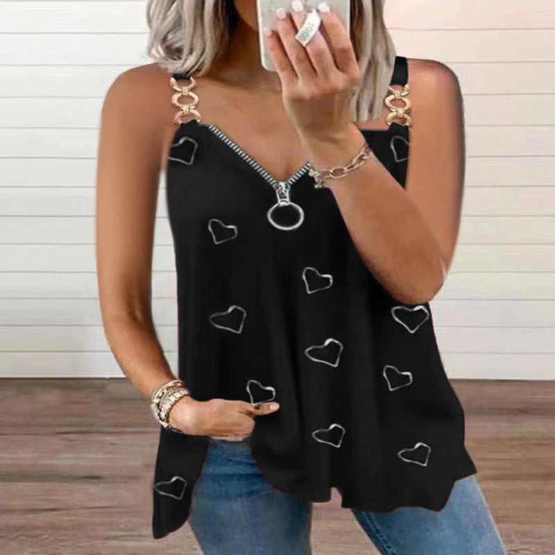 Women's V-Neck Zipper Strap Tank Top - Loose Fit