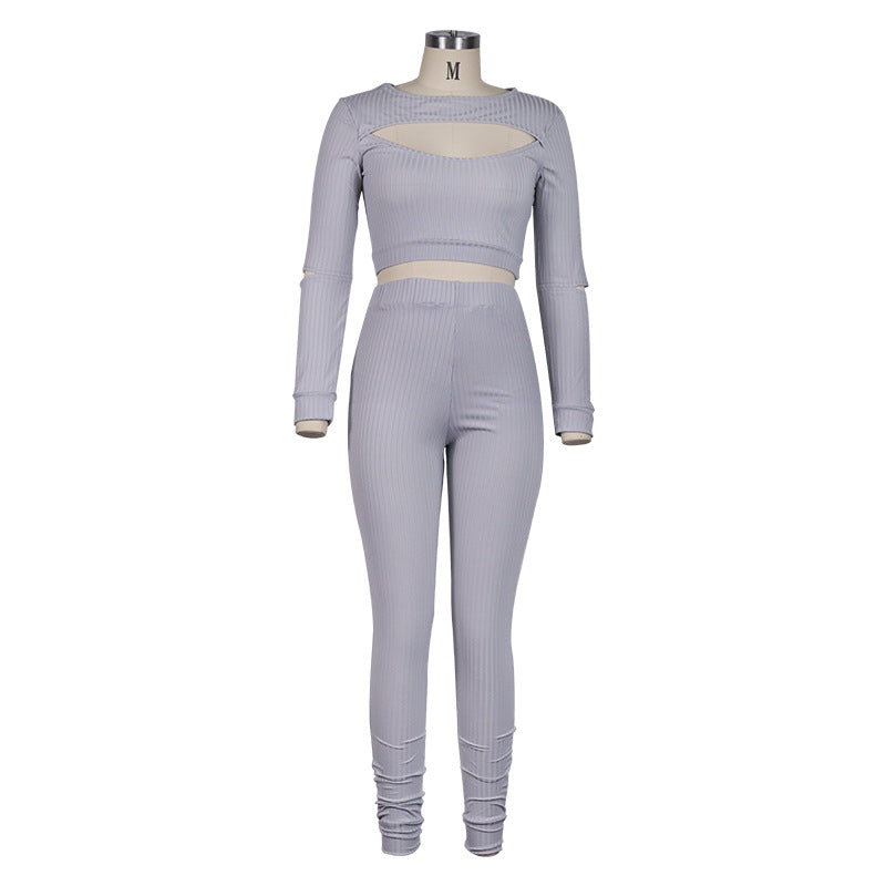 Women's Long Sleeve Hollow Cut Out Blouse And Leggings Two Piece Yoga Outfit Set