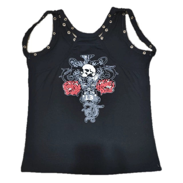 Skull Printed Casual Racerback Tank Top With Rivet Accents