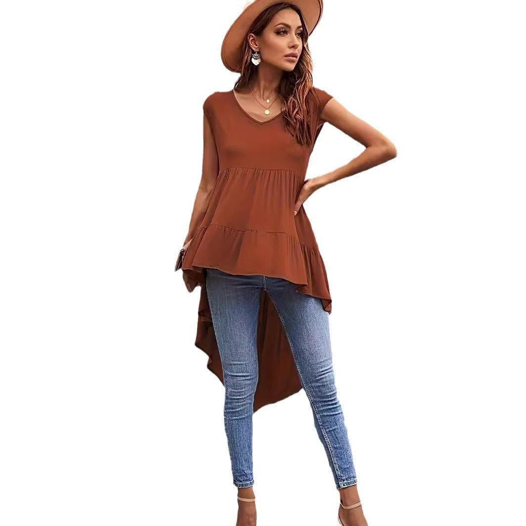 Brown V-neck Irregular Top Plus Size Women's Clothing