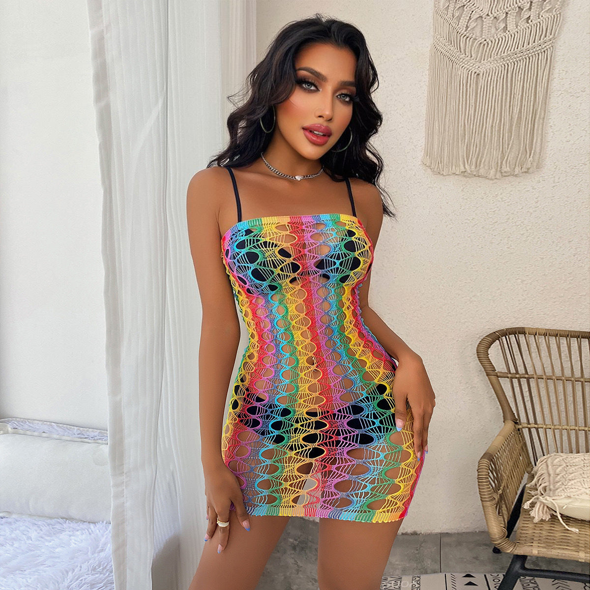 Rainbow Fishnet Stretch Nylon Mini Dress Bodysuits Multiple Styles Lingerie