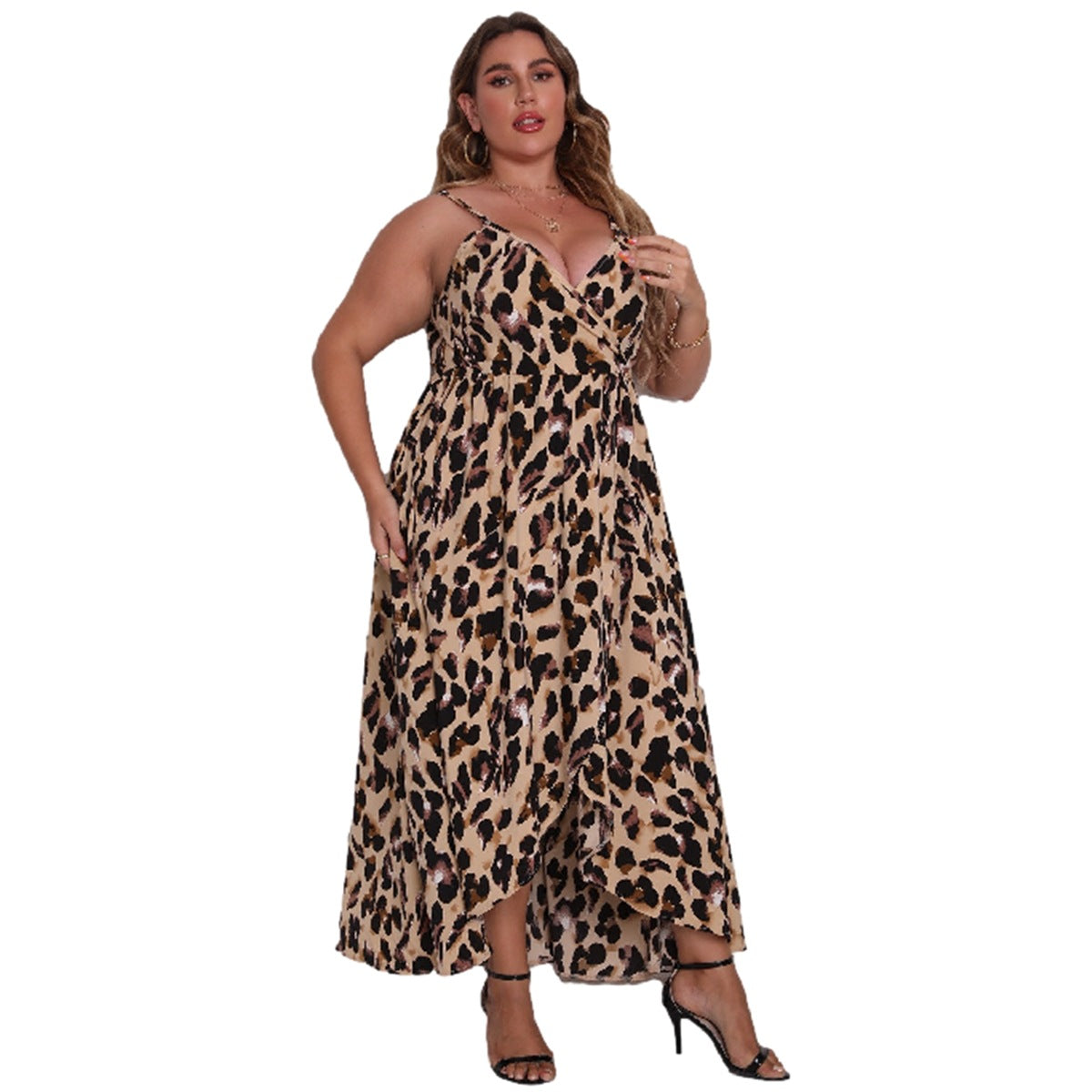 Women's V-neck Spaghetti Strap Leopard Print Dress