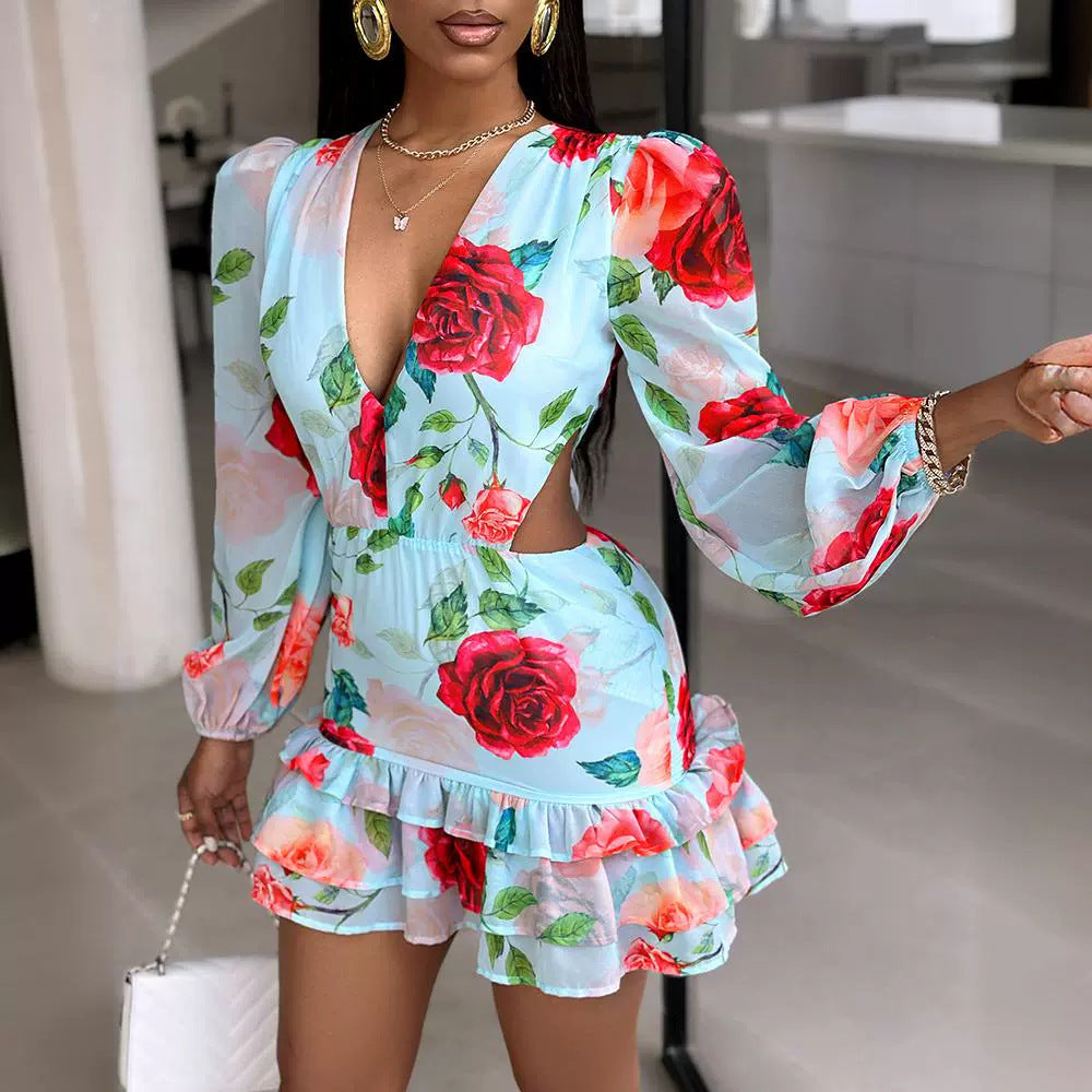 Fashionable Flower Romantic Ruffles V Neck Mini Dress