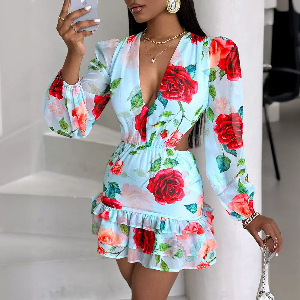 Fashionable Flower Romantic Ruffles V Neck Mini Dress