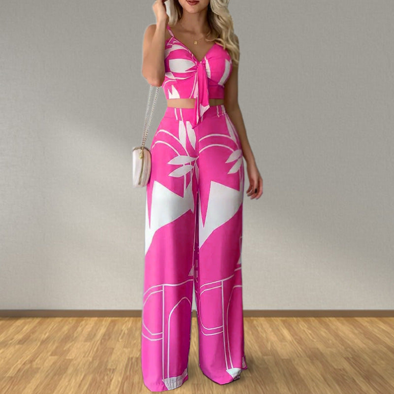 Women's Neon Print Sweetheart Tank Tie Front Crop Top And Wide-leg Flowy Pants Two Piece Outfit Set