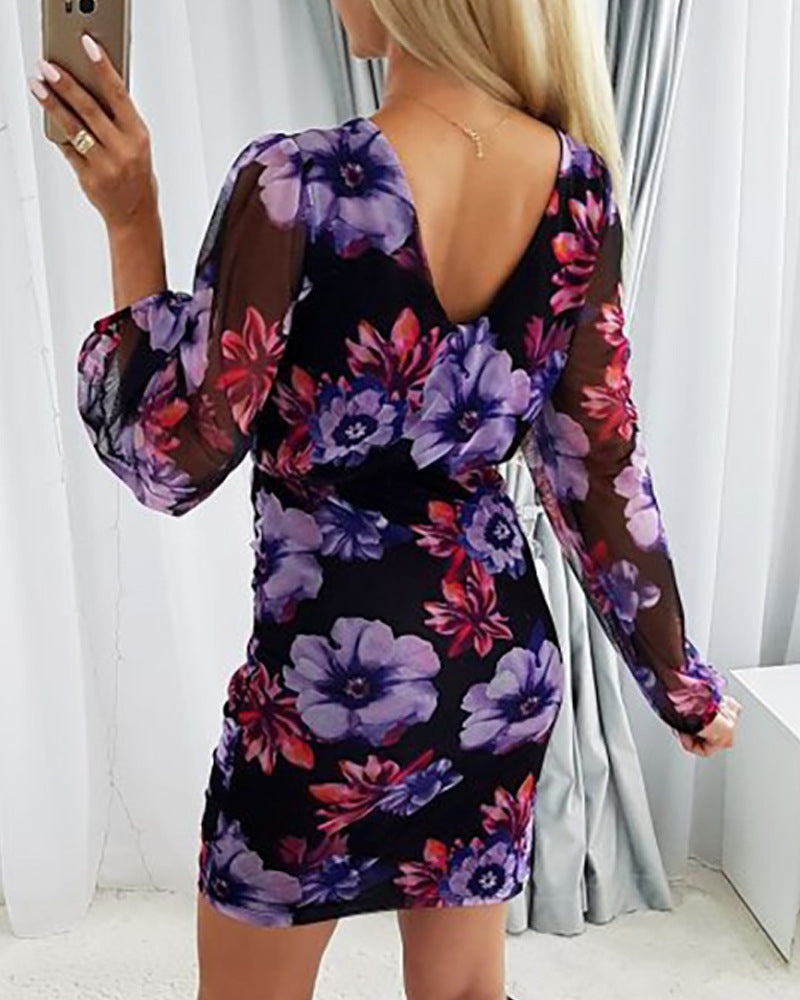 Slim Fit Floral All Over Print Faux Belted Mini Dress With Gold Detail