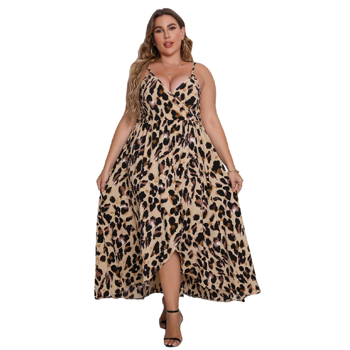 Women's V-neck Spaghetti Strap Leopard Print Dress