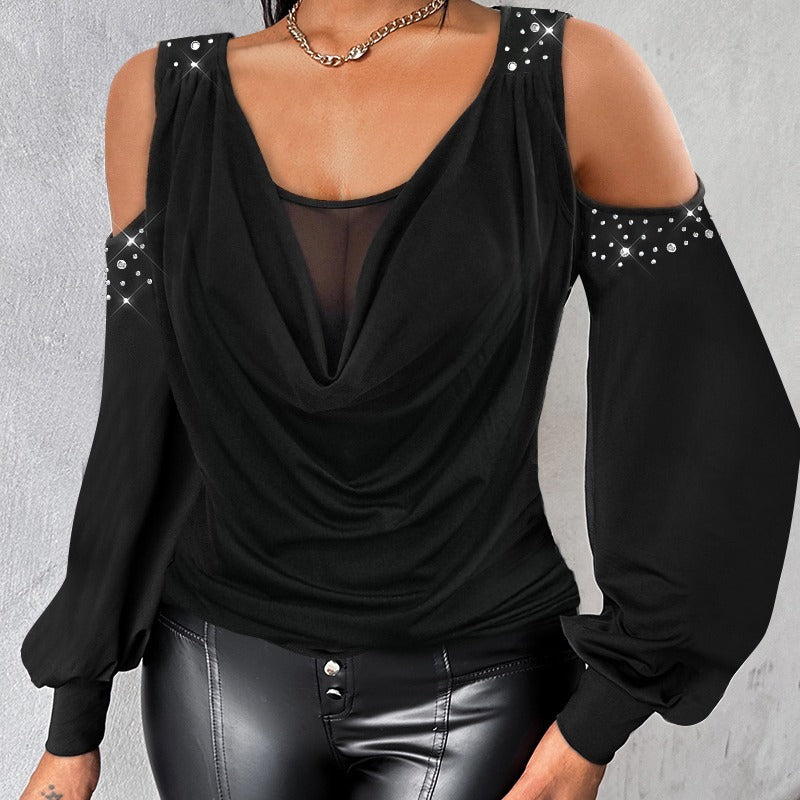 Rhinestone Studded Cowl V Neck Off-the-shoulder Long Sleeve Top