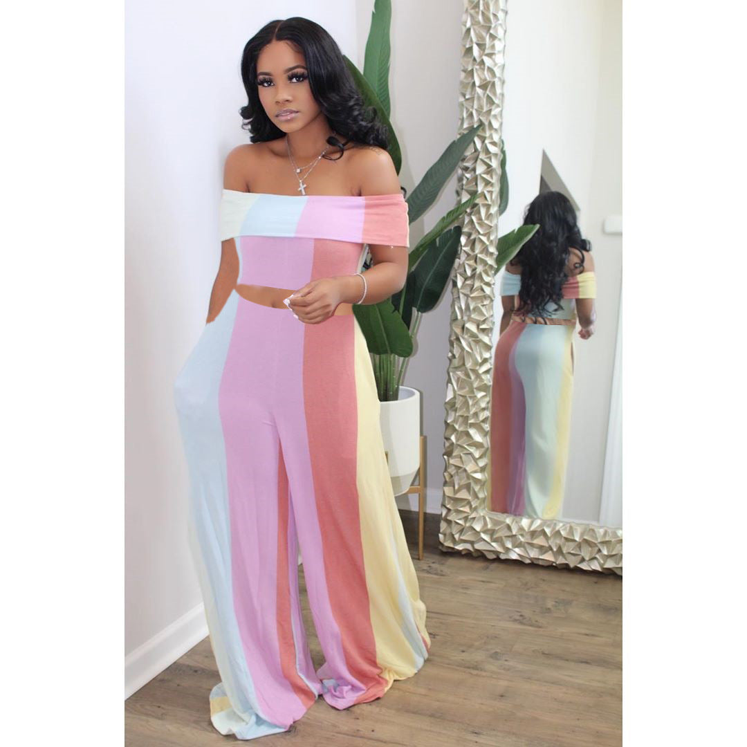 Pastel Vertical Striped Off The Shoulder Crop Top and Flowy Wide Legged Pants Two Piece Outfit Set