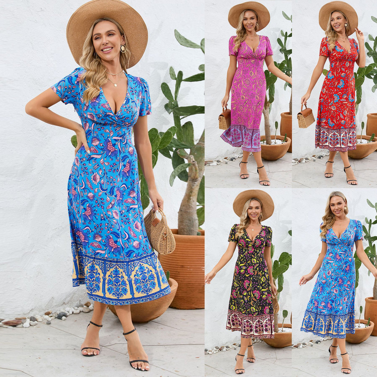 Sexy Short Sleeve V-neck Bohemian Beach Mid Mi Length Vintage Floral Dress Various Colors