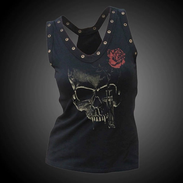 Skull Printed Casual Racerback Tank Top With Rivet Accents