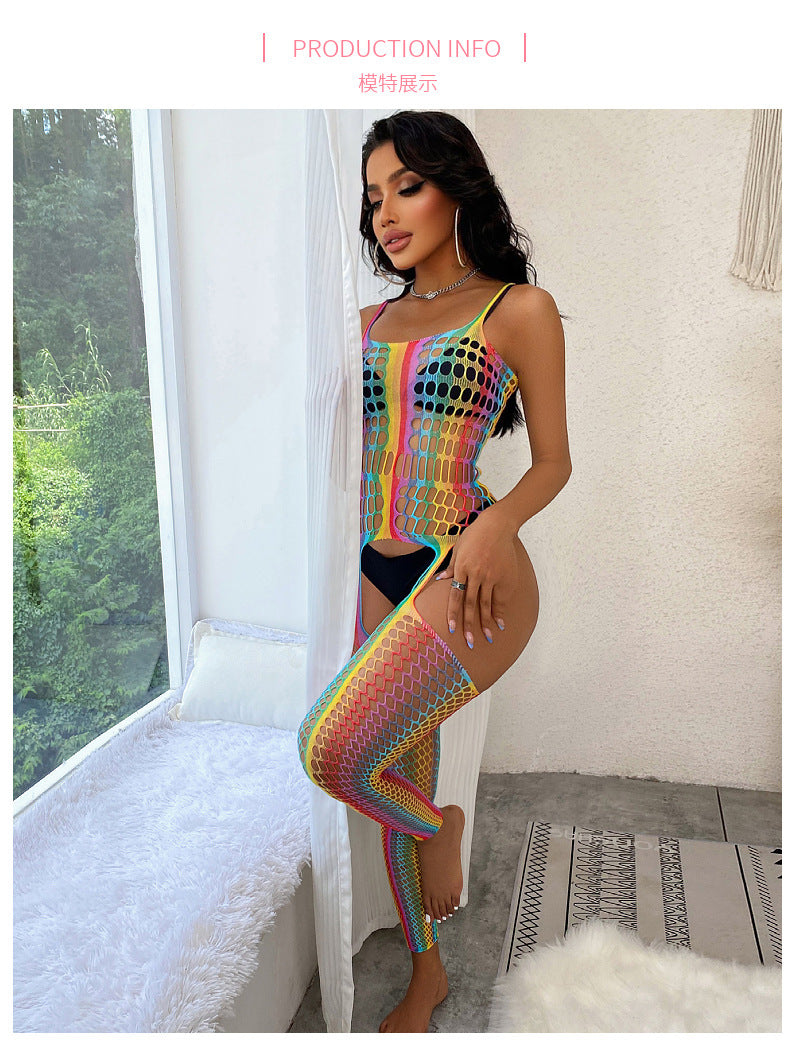 Rainbow Fishnet Stretch Nylon Mini Dress Bodysuits Multiple Styles Lingerie