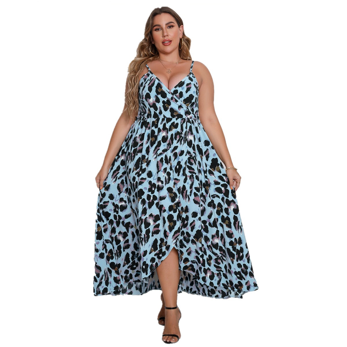 Women's V-neck Spaghetti Strap Leopard Print Dress