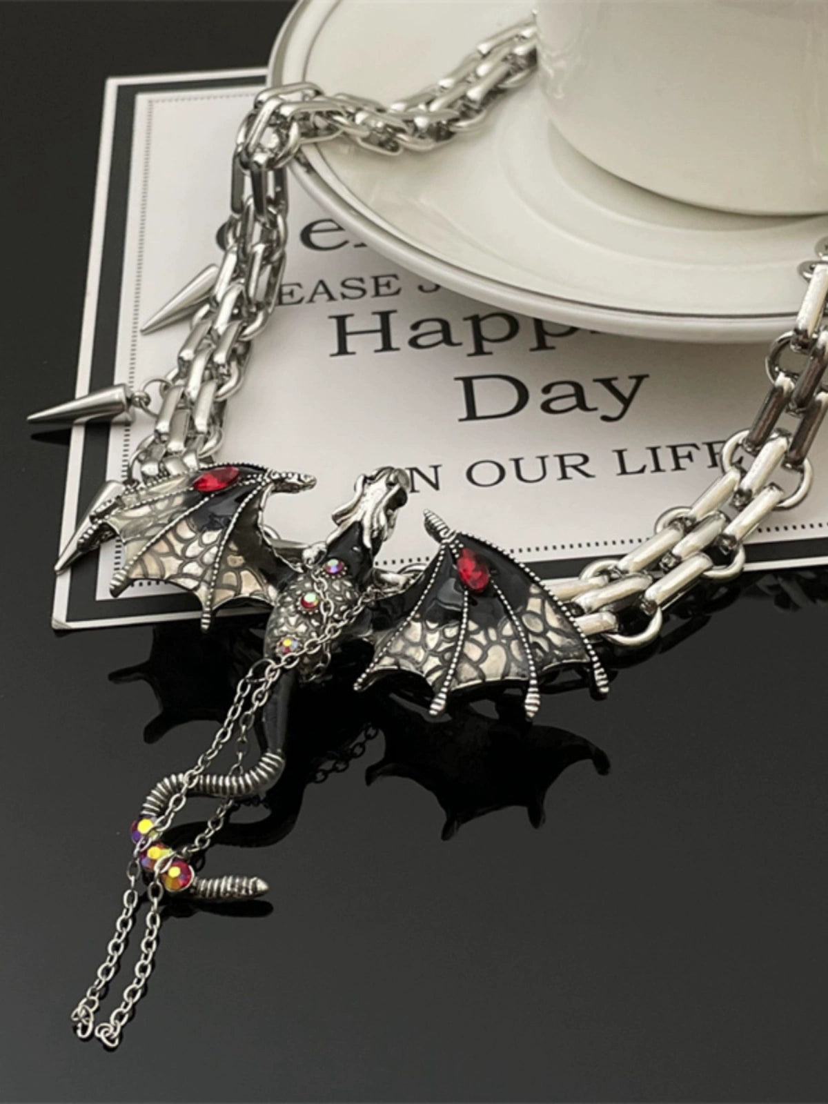 Street Heavy Industrial Flying Dragon Brooch Necklace with Zircon Details