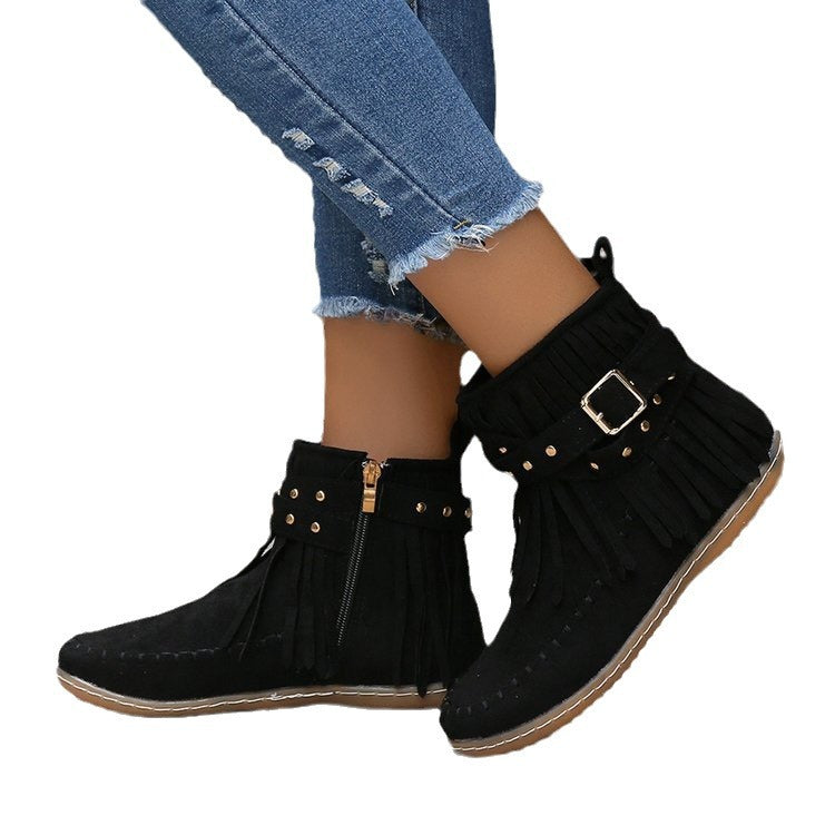 Women's Flat Fringe Western Style Boots With Metal Riveted Buckle Straps