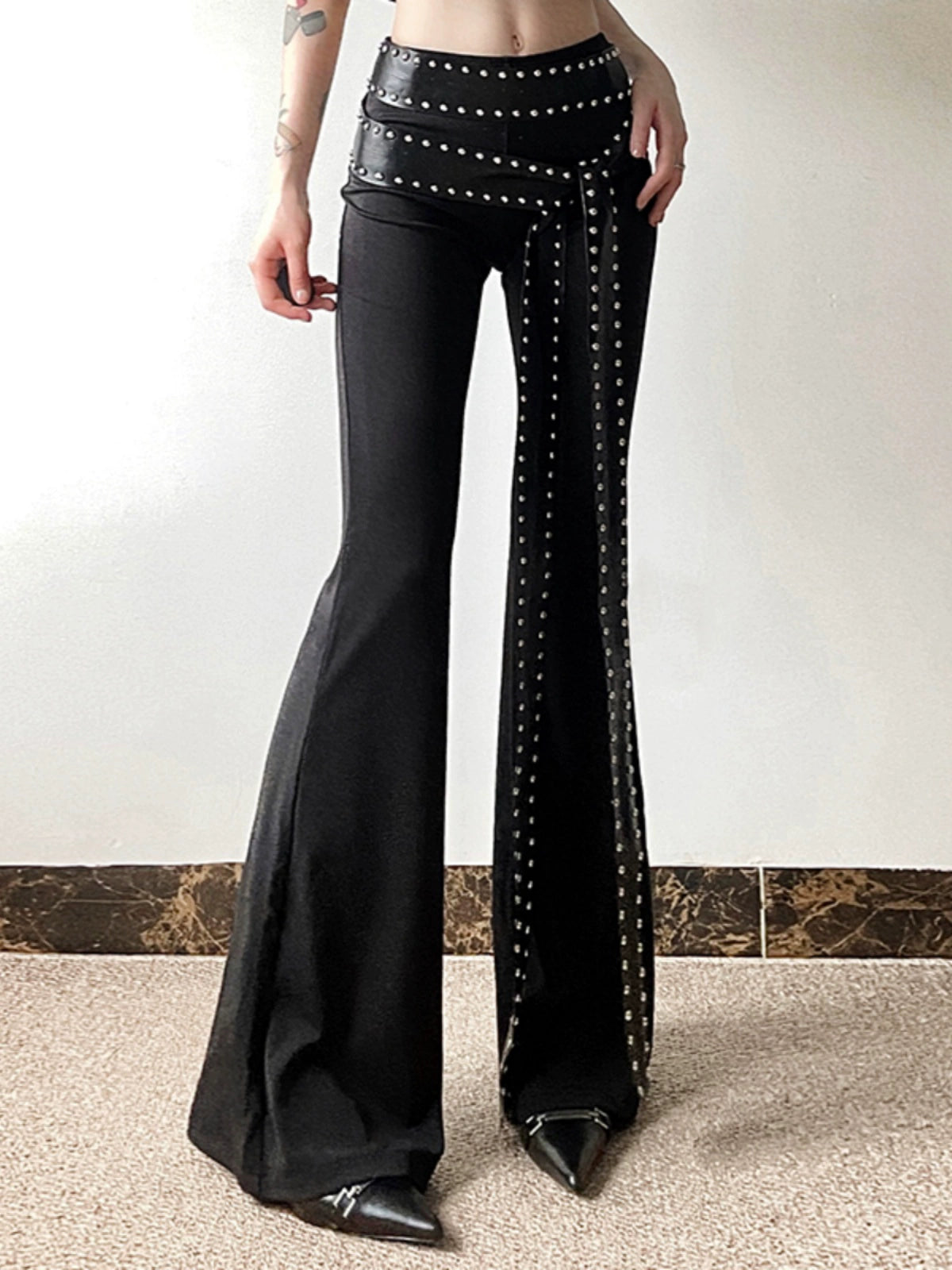 Cool Sexy Fried Street Tight Bell-Bottom Pants: Personality Asymmetric Rivet Black Casual Trousers by Sylcue High Street Fashion