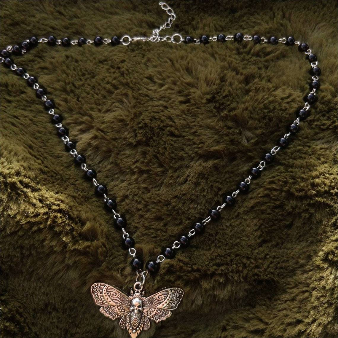 Gothic Face Moth Black Bead Necklace Necklace