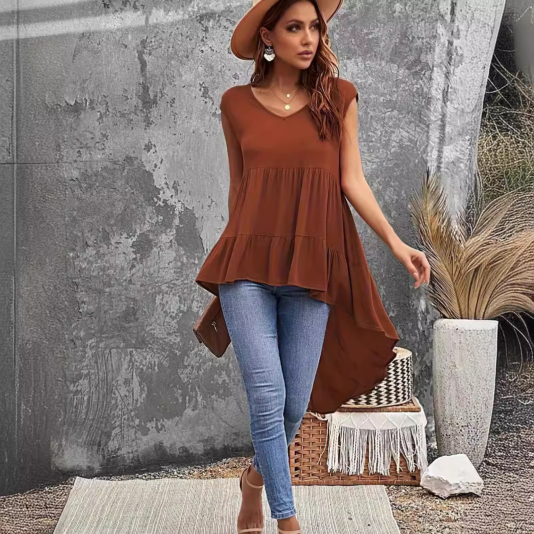 Brown V-neck Irregular Top Plus Size Women's Clothing