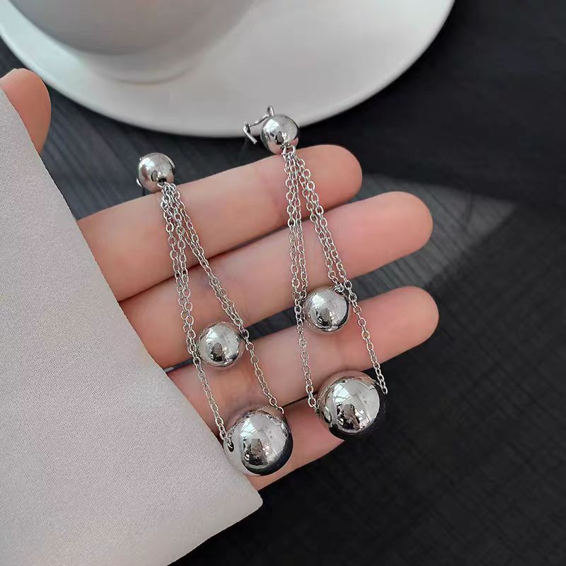 Large Metal Round Beads Long Tassel Drop Earrings