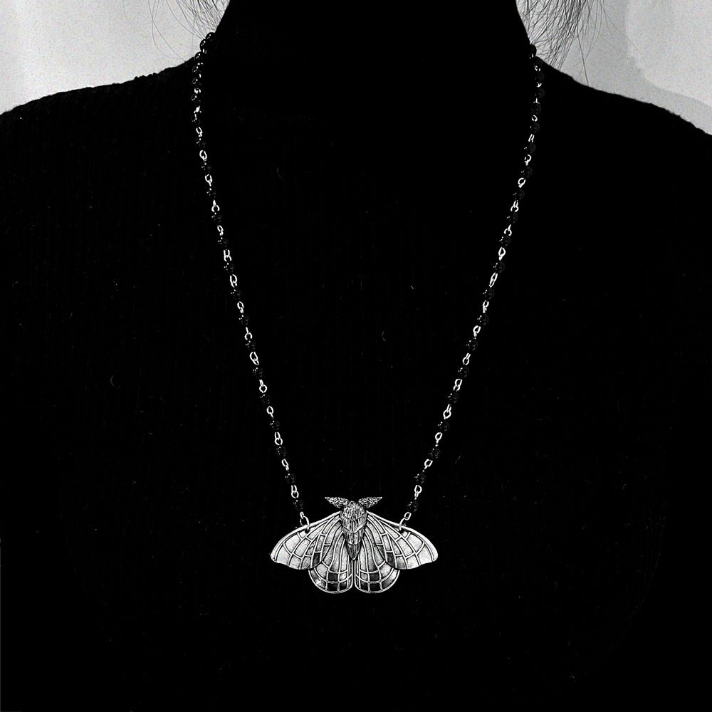 Gothic Face Moth Black Bead Necklace Necklace