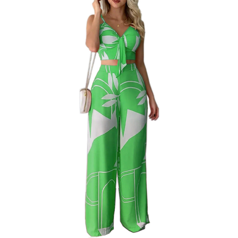 Women's Neon Print Sweetheart Tank Tie Front Crop Top And Wide-leg Flowy Pants Two Piece Outfit Set