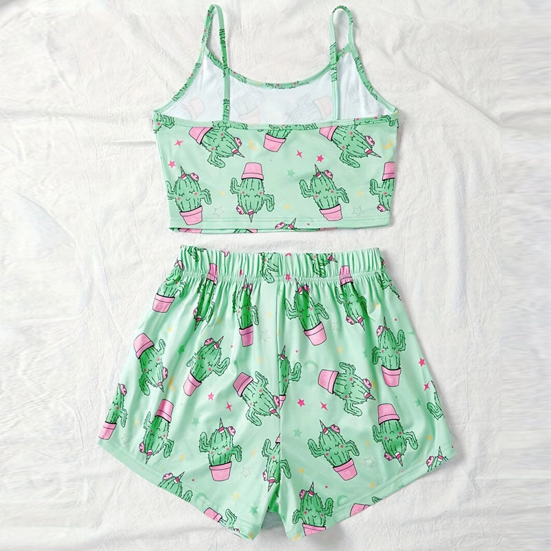 Cactus Print Tank Top Crop Top And Shorts Casual Two Piece Set