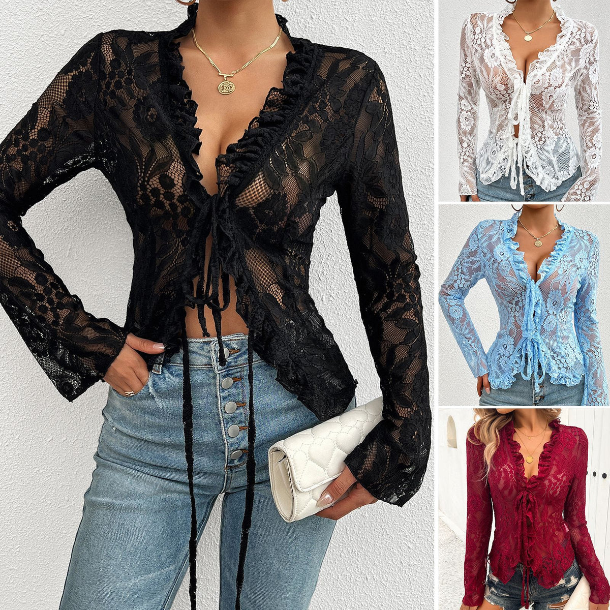 Slim-fit Long Sleeve Tie Front Lace Top