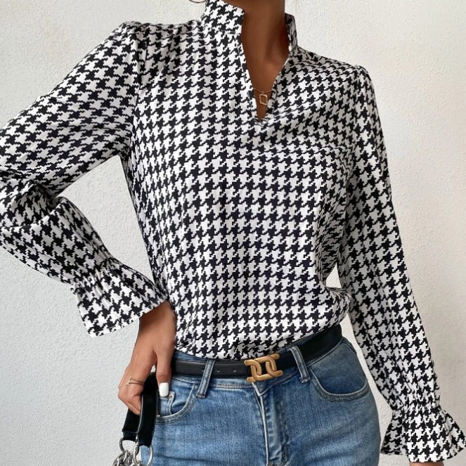 Houndstooth Print V-neck Long Sleeve Women's Blouse