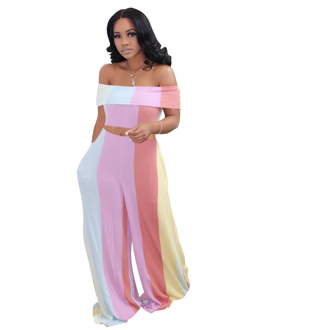 Pastel Vertical Striped Off The Shoulder Crop Top and Flowy Wide Legged Pants Two Piece Outfit Set