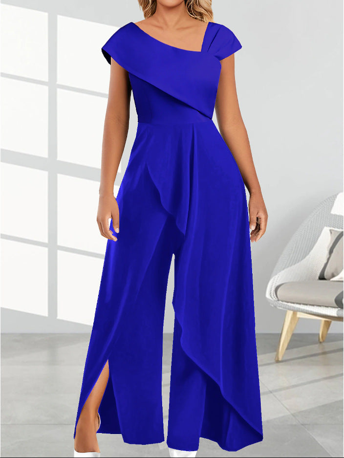 Simple Temperament Diagonal Collar Jumpsuit