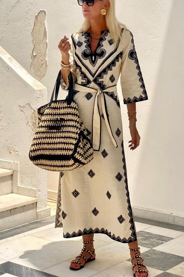 Diamond Shaped Print Belted Linen Bohemian Maxi Dress