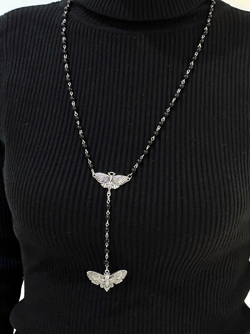 Gothic Face Moth Black Bead Necklace Necklace