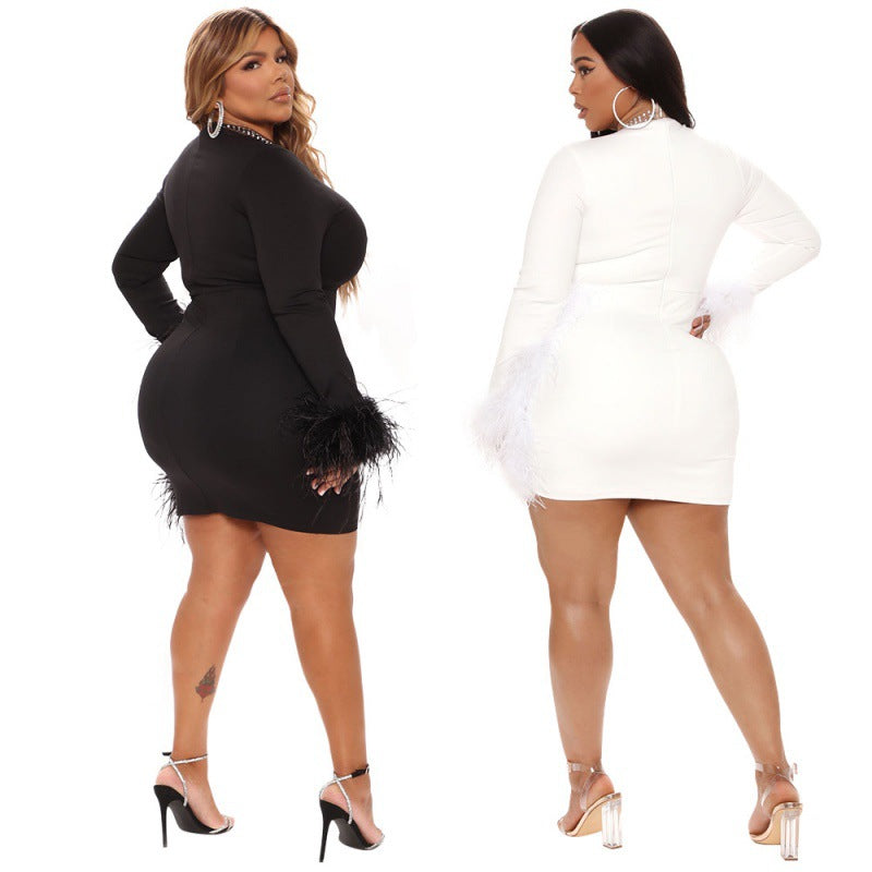 Sexy Plus Size Mock Neck Rhinestone V Details And Feather Accent Bodycon Minidress