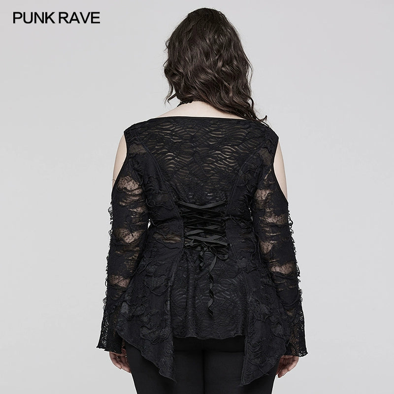 PUNK RAVE Women's Cold Shoulder Mesh Vintage Blouse - Slim-Fit Long-Sleeved T-Shirt with Distressed Lace